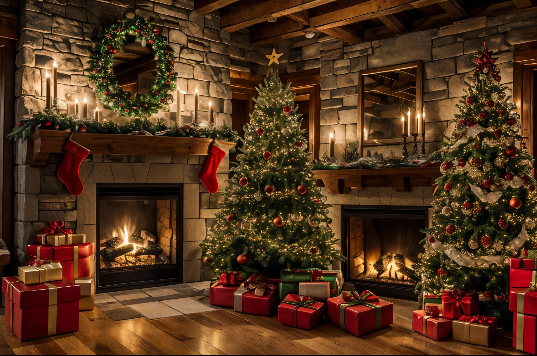 masterpiece, first-person view, interior of a room, (a fireplace with Christmas decorations), a Christmas tree on the left side with gifts at its base, rustic stone wall, wooden floor, Raw photo, hyper-realistic, maximum details intricate details, big picture window in background night time