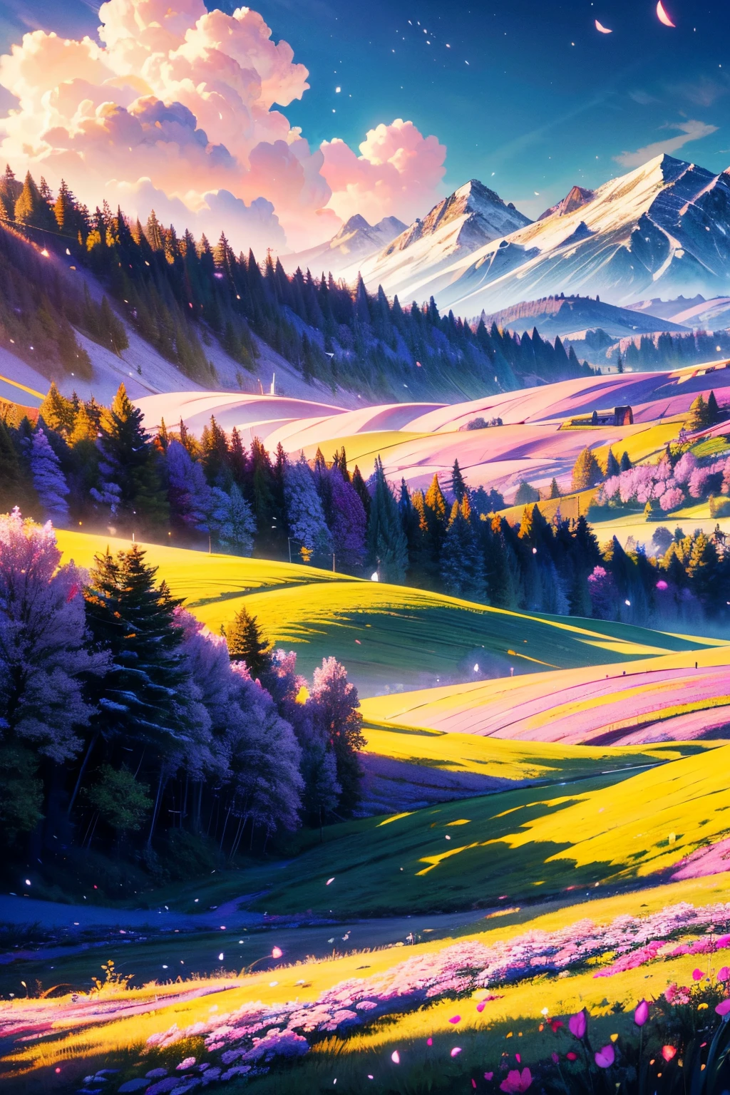 Prompt: masterpiece, best quality, ultra-detailed, 1girl, detailed water, long hair, corkscrew curls, red hair, light grey eyes, (close-up), maple trees, everywhere mistletoe, gorgeous, maple and spruce trees, cherry, cherry tree, smile, view from front, wolf ears, snowy background, science fiction, multiple tails, Tall evergreens stand tall and proud, their branches weighed down by heavy snow, volumetric lighting AND masterpiece, best quality, high quality, extremely detailed CG unity 8k wallpaper A vibrant spring landscape, bursting with new life and color. Rolling hills are covered with a carpet of green, dotted with delicate wildflowers in shades of pink, purple, and yellow, volumetric lighting