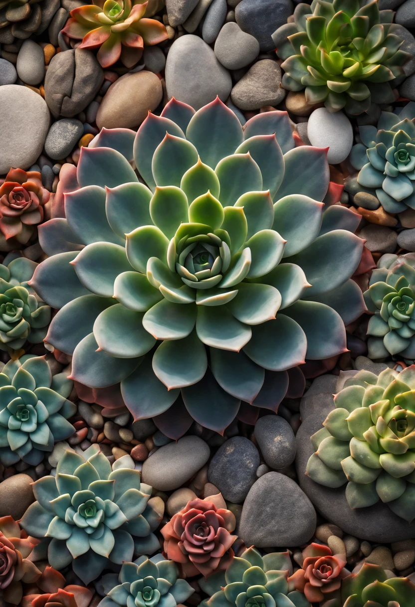 Different varieties of surreal and luminous (succulent plantlooms in exquisite detail, surrounded by decorative pebbles and small rocks, evoking a symmetrical interplay of minimalist simplicity and bioluminescent splendor., god rays, ray tracing, highres, best quality, high quality, 16k