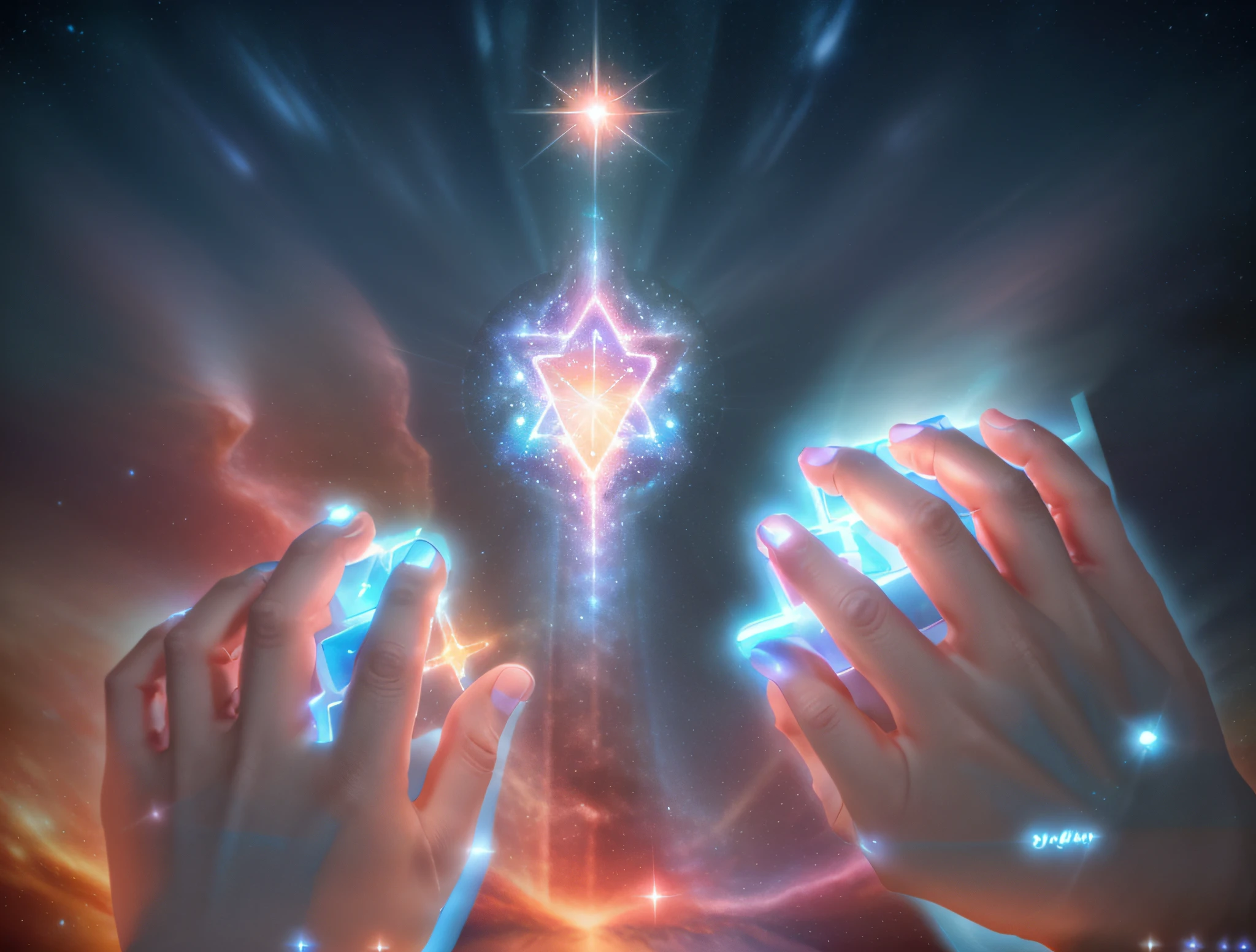 cosmic hands are with star sytems with a light blue flare outline. Types on a cosmic keyboard