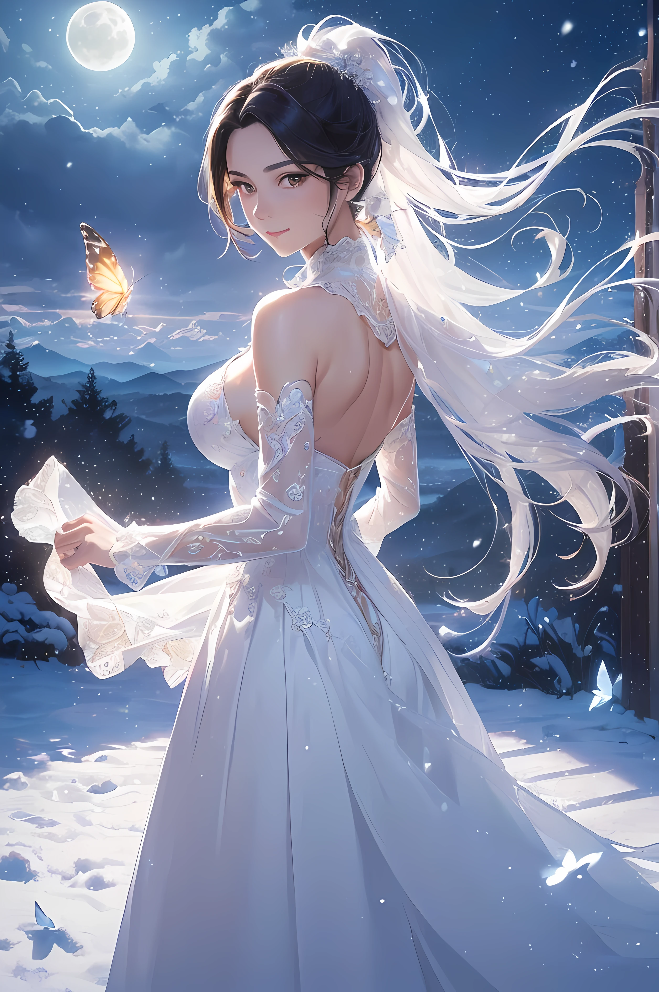 A beautiful woman, legendary, ((((realistic oil art, 46-year-old Empress, vibrant look, (( elegant clothes, white dress, white long skirt)), top of the mountain, 1girl, masterpiece, extremely detailed, (beautiful detailed glow), lens flare, black flare lens, moon, clouds, backlighting, (blue sky)
, light from behind, shadow on the figure, sparkling snow ,smile, laughter, standing in the distance, looking at the viewer, full-length
, elegance under the sun, hair ornament, movement motion, image look alive, perfect body figure, very big breast, very big ass, beautiful face, milf, royal, black color hair, shine eyes, golden eyes, ponytail short hair style, beautiful skin, Extremely details hair, fine details, cinematic lighting, beautiful lighting effect, creative design, full body frame, divine aura, hard harmony , moon light, perfect color transition, perfect balance of contrast, perfect color layer, perfectly smooth color blur, soft rendering, smooth color stroke, moon glare, optic lens, moonlight ray, soft colors, smooth colors blend, perfect color rendering, harmony, perfect color harmony, beautiful color, soft harmony, light particles, perfect details, intricate details, color prism, fine details, refine details, different view point))), Tachibana Omina art style, affectionate eyes, half a smile, slightly open mouth, a gentle expression on his face, serene scenery of  flower under the snow, snow flake floating around, calm, breeze and moonlight, moon, in the background, butterflies in the sky, realism, ((Best quality))),8k,((Masterpiece)),(Extremely refined and beautiful)