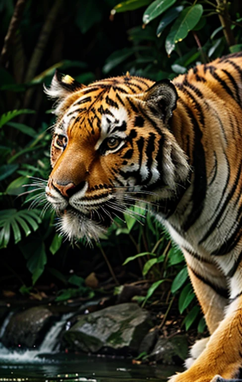 High quality, tiger, animal, in jungle, waterfall, close up, 4k, hdr,