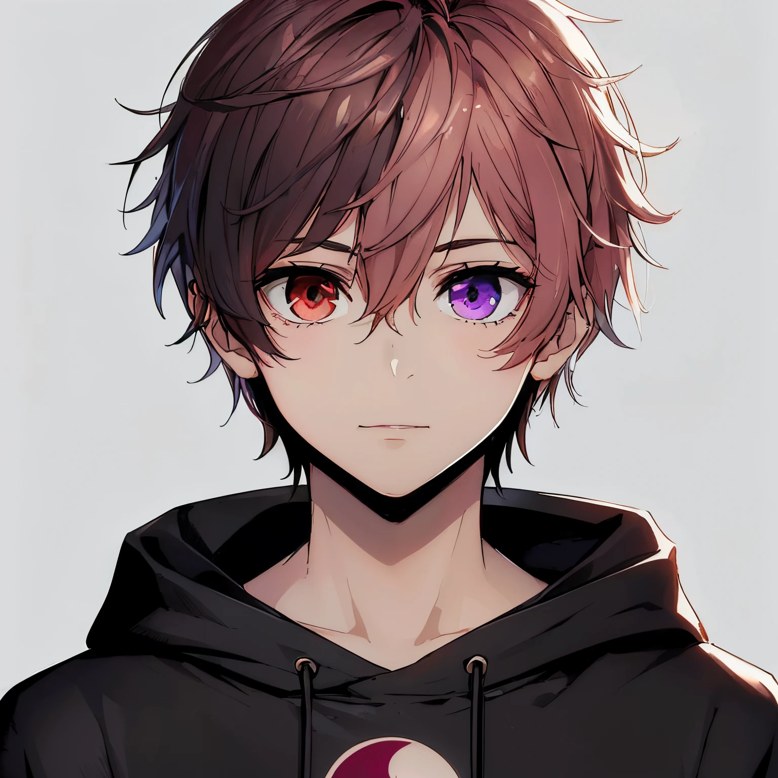 (best quality,4k,8k,highres,masterpiece:1.2),ultra-detailed,realistic,teenage boy with heterochromia(heterochromia:1.1) of purple and red eyes,casual,red hoodie,beautiful,detailed eyes and lips,slim build,vivid colors,concept artists,colorful hair,half brown and half pink hair,stunning landscape,hint of surrealism,fantastic lighting,peaceful atmosphere