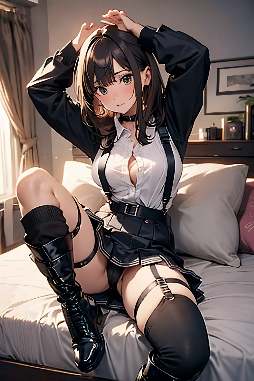 Brown hair、watching at viewers　　　black suspenders　　　Bulging ???????????　　 　 　　　walls: 　Black miniskirt　garters　　　　　　Gaze　　　Small face　bangss 　　　holster　　　Beautuful Women　　hands up　　Leg holster lying on the bed　　Gaze 　black boots ????? shot