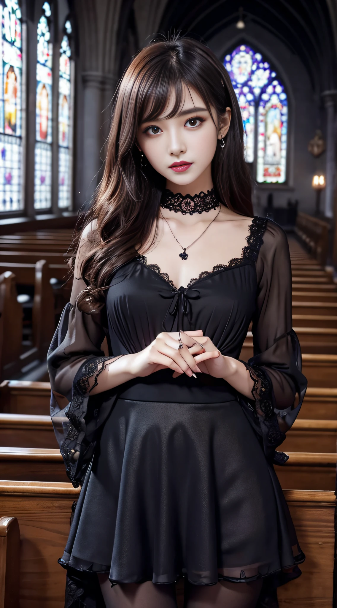 LTRA Details、Fascinating beauty、Dainty woman、Cool Girl、Wavy Hair、Black chiffon dress、Wide sleeves、flered skirt、Black pantyhose、Evil Female Executive、Evil Fall、brainwash、lacy fabric、Glossy legs、black lipstick、Evil look、Suspicious look、Hollow eyes、wicked、Reaching out、Arms up、In the Church、Palm forward、Purple Lipstick、Pendants