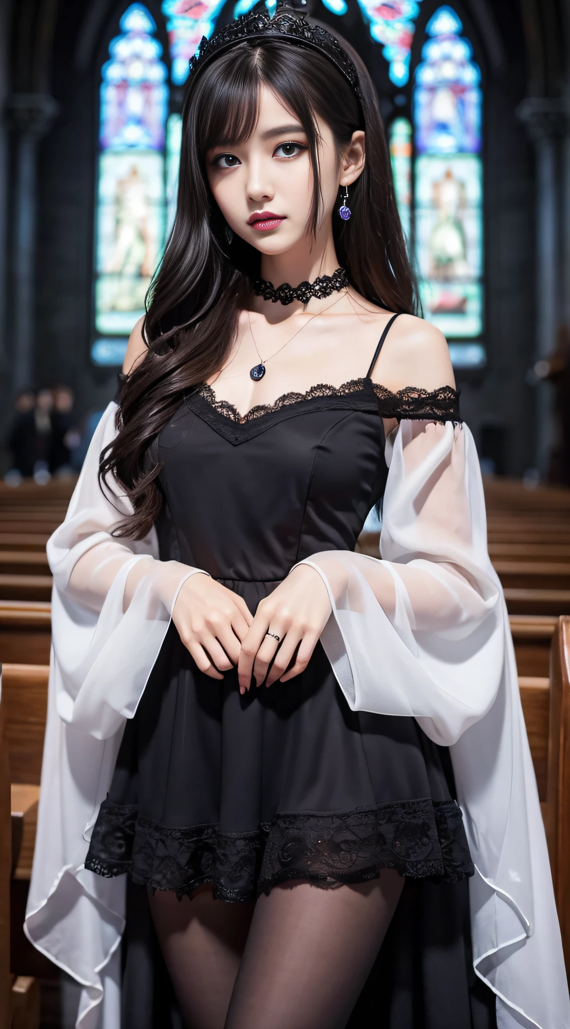 LTRA Details、Fascinating beauty、Dainty woman、Cool Girl、Wavy Hair、Black chiffon dress、Wide sleeves、flered skirt、Black pantyhose、Evil Female Executive、Evil Fall、brainwash、lacy fabric、Glossy legs、black lipstick、Evil look、Suspicious look、Hollow eyes、wicked、Reaching out、Arms up、In the Church、Palm forward、Purple Lipstick、Pendants
