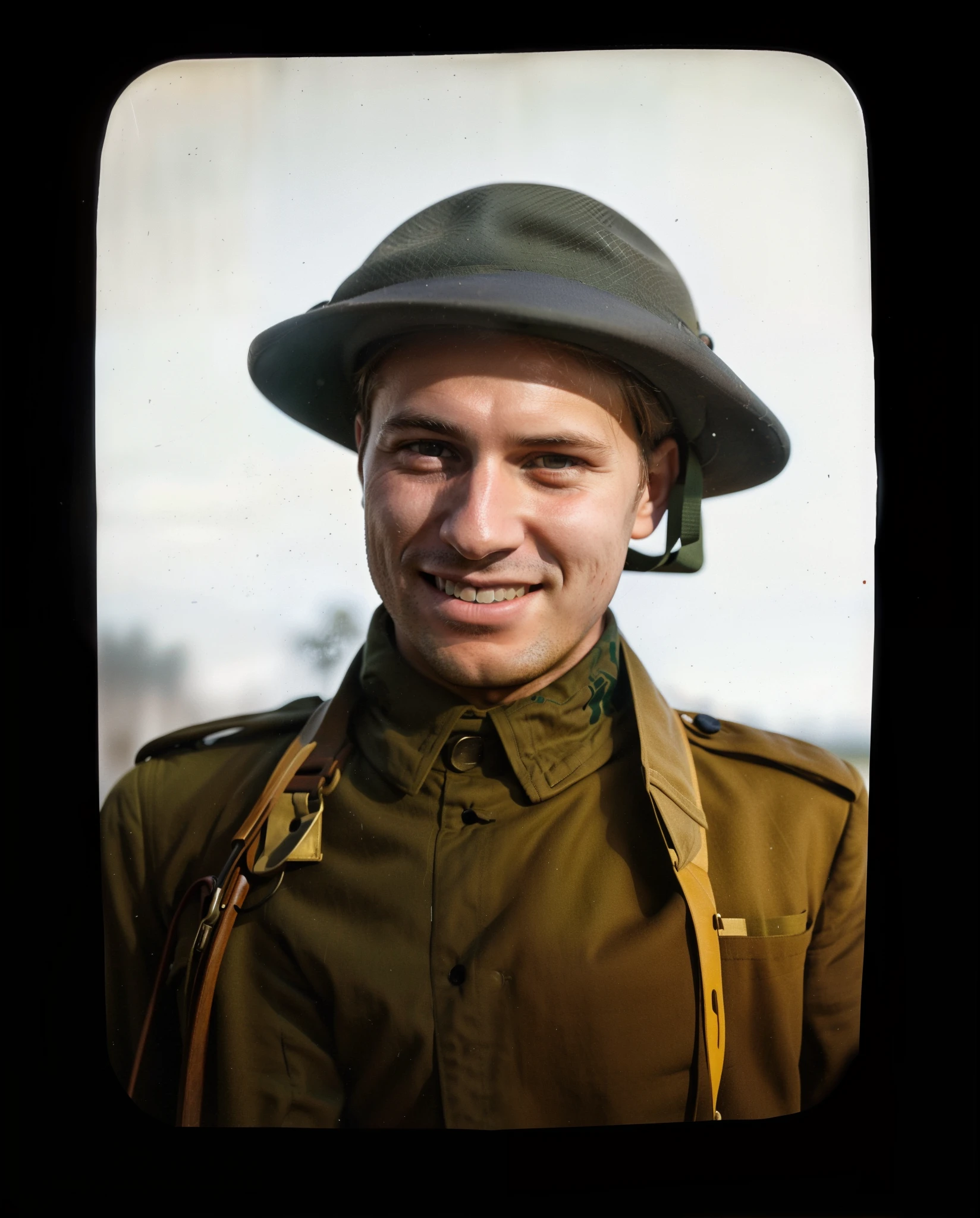 arafed man in uniform smiling and wearing a hat, taken on a ww 1 camera, colourized, ww1 film photo, colourised, ww1 photo, world war 2 portrait photo, portrait of a soldier, colour photograph, autochrome, 4 k photo autochrome, coloured photo, taken on a ww 2 camera