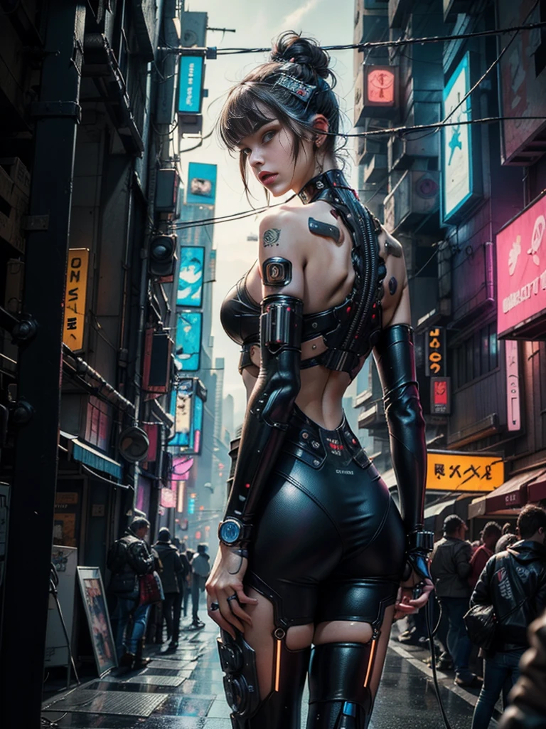 award-winning photo, , cyberpunk costume, Cracked porcelain skin, A dark-haired、 big plan, vibrating, Photorealista, realist, dramatic, cloudy, sharp focus, 8k、highcontrast、teats、erotic、pose genial、back view