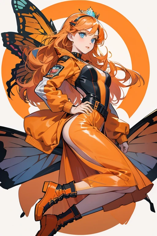 Poppy is a freckled and fair-skinned teenage girl with a medium build. She has bright orange, hip-length, wavy hair streaked with hues of peach parted in the middle, offset by her large, pale sky blue eyes. Her makeup typically consists of shimmery orange eyeshadow mixed with brown and pink, winged black eyeliner, glittery highlight, and bold coral lipstick. Poppy's signature outfit consists of an orange vinyl bustier top worn over a pale orange slip dress adorned with a shimmery, sheer overlay. Over the outfit, she wears a cropped orange puffer jacket. To fit with her butterfly motif, she keeps one side of her hair partially pinned back with hair clips styled to look like monarch butterflies and knee-high statement boots decorated with an orange monarch butterfly pattern and the phrase, "FOR FLYING" written on the side.