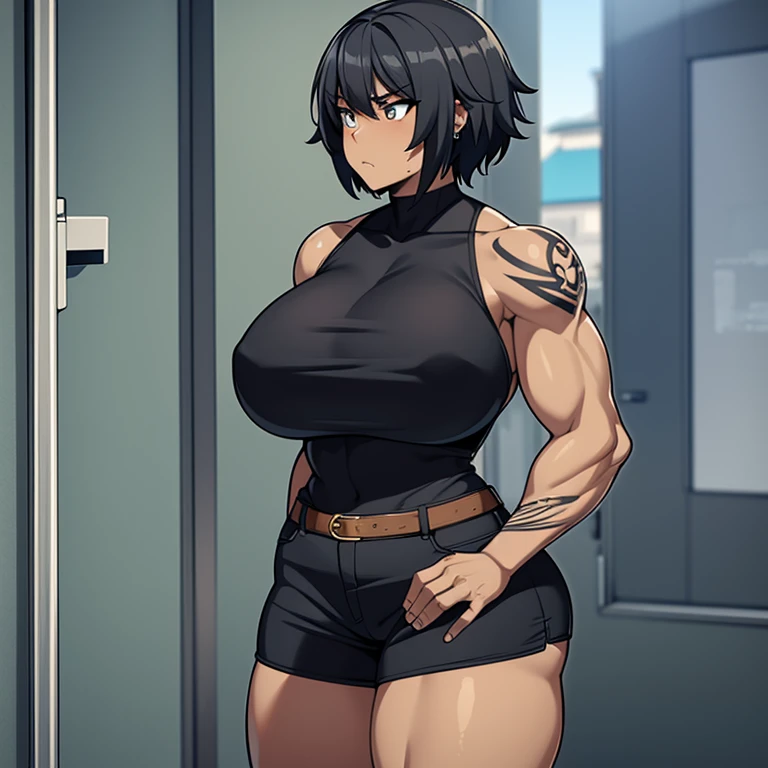 Black woman, tomboy, 2.50 tall, muscular, giant breasts, tank top, earrings, tattoos, extremely muscular, tall, two meters and fifty tall, Giant two meters tall, extremely muscular, Very toned muscles, giant woman, huge woman, Tomboy, extremely short hair, Giant body