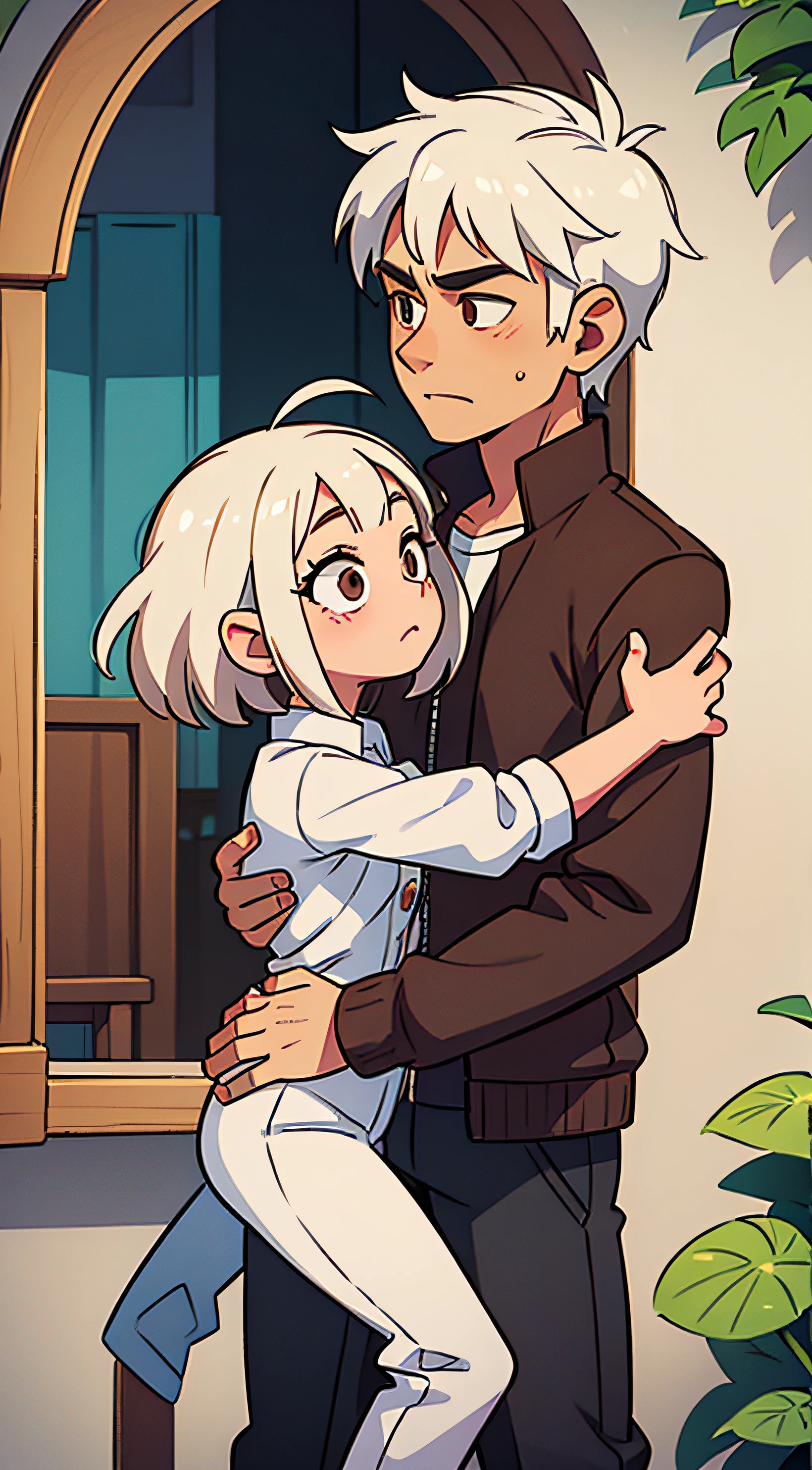 Man with white hair. Woman with long brown hair. the night. roof.