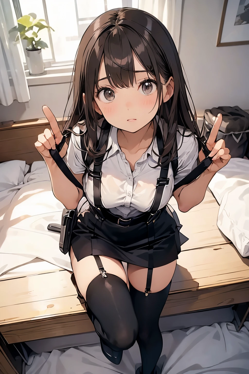 Brown hair、watching at viewers　　　black suspenders　　　Bulging big breasts　　 　 　　　walls: 　Black miniskirt　garters　　　　　　Gaze　　　Small face　bangss 　　　holster　　　Beautuful Women　　hands up　　Leg holster lying on the bed　　Gaze 　black boots panty shot