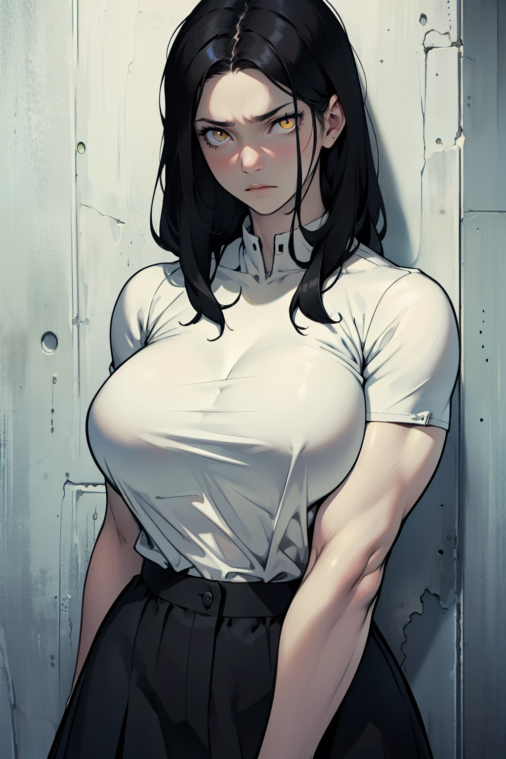1 girl muscular black hair yellow eyes huge breasts pale skin expressionless sad expressionless sad expressionless sad