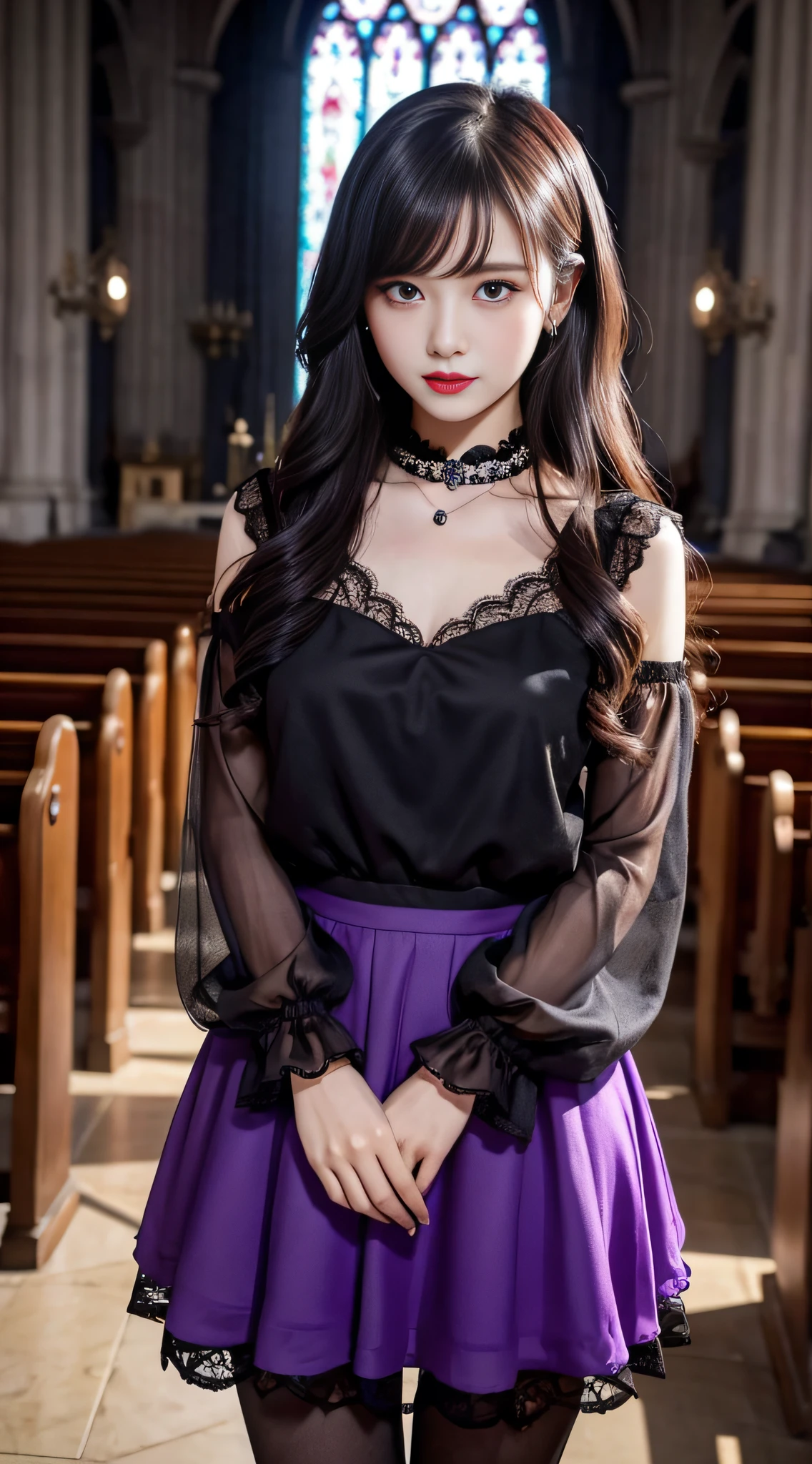 LTRA Details、Fascinating beauty、Dainty woman、Cool Girl、Wavy Hair、Black chiffon dress、Wide sleeves、flered skirt、Black pantyhose、Evil Female Executive、Evil Fall、brainwash、lacy fabric、Glossy legs、black lipstick、Evil look、Suspicious look、Hollow eyes、wicked、Reaching out、Arms up、In the Church、Palm forward、Purple Lipstick、Pendants