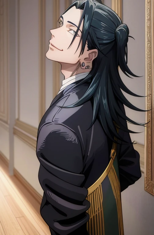 (Masterpiece:1.2, Best Quality), (finely detailed beautiful eyes: 1.2),1male, 1boy, (extremely detailed CG unity 8k wallpaper, Masterpiece, Best Quality, Ultra-detailed, better shadow), (Detailed background), (Beautiful Detail Face, beautiful detail eyes), Suguru Ghetto , Happy, Smiling, black jacket, high collar, gakuran, school uniform, , Black Eyes, earings, male focus, looking a viewer,High contrast, (better lighting, extreamly delicate and beautiful),( Backround, Indoors),