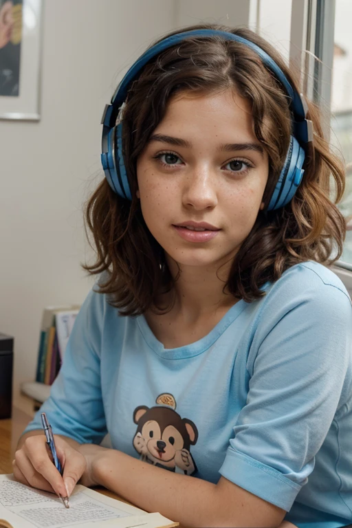 create a cartoon character with Your hair will be straight and curly, and she will have freckles on her face, uma galega, and will have dark blue eyes and brown hair. and that she is studying and has headphones on and in her room with a little dog by her side she is looking at the window