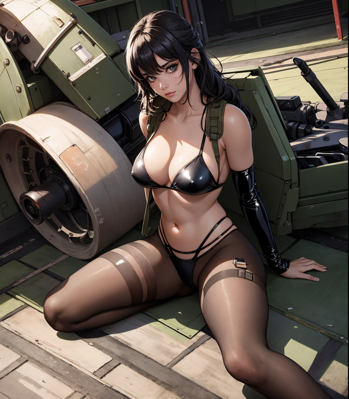 masterpiece, best quality, best illustration, HDR, beautiful details, intricate details, detailed scenery, dramatic light, best shadow, (medium body shot), quiet from Metal Gear Solid, on the floor, big breasts, black latex bikini_top, black thong, thorn black kneehigh pantyhose, bare abdomen, eye shadow  (detailed beautiful eyes), army facility, inside a high end army warehouse, realistic background