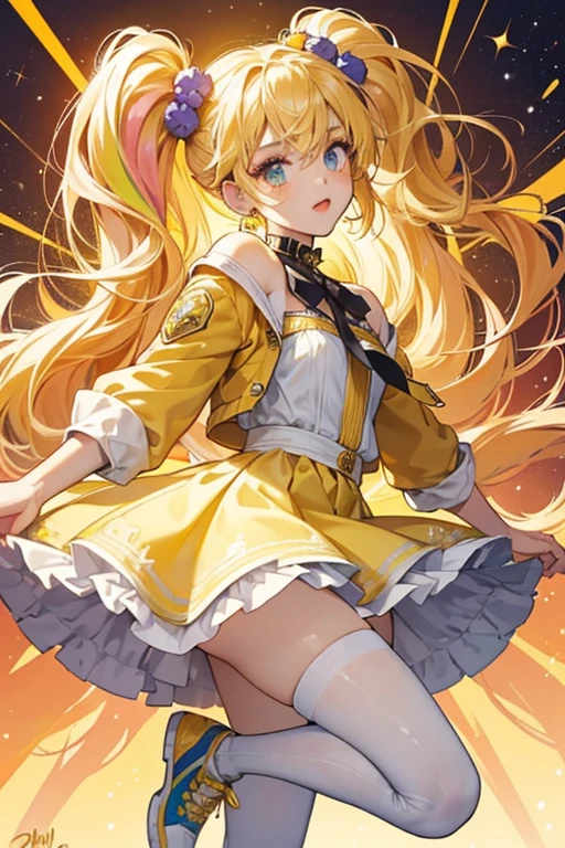 Stella is a lightly tan-skinned young girl with long blonde hair that stops below her waist and golden amber eyes. Stella wears an orange strapless dress with spiky white frills along both hems and small circular patterns that range from being in green, yellow, gold or white. She also wears a purple belt with a green star off to her left just under her chest, as well as green high heels with white socks that have a purple dotted pattern on them similar to her dress. Her bangs are now parted off to the side rather than how they were styled prior where they covered her forehead.