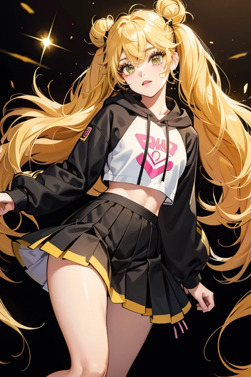 Sunny is a teenage girl with a medium build and warm-undertoned deep skin, though sometimes throughout the animated series, it ranges from darker to lighter. She has bright yellow hair styled into a combination of odango buns and twin tails, which appears straight with straight cut ends in the animated series. Her greenish hazel eyes are framed by a blunt fringe, and she has four strands of hair on the front, two being short and the other two being long and curled. Her makeup typically consists of shimmery gold eyeshadow mixed with warm colors, sparkly highlight, and berry-colored lipstick. As a cheerleader, Sunny wears a cropped hoodie with yellow and white sections separated by a yellow-and-black chevron stripe across the midsection and the word "SPARKLE" written across her shoulders in bold, black lettering. She also wears a yellow, pleated half-skirt with black and white stripes decorating the hem over a matching yellow mini skirt with the letters "RH" in white on the left side. She has yellow knee-high tube socks and yellow-and-white athletic sneakers with a stiletto heel. Her hair is crimped and tied back into two twintails with golden ribbons, and her makeup is much more dramatic than usual, with golden, sparkling eyeshadow, white liner, and pink lipstick. She also dons face paint consisting of a yellow star with the letters "RH" inside of it on her right cheek and the number 19 in yellow on her left.