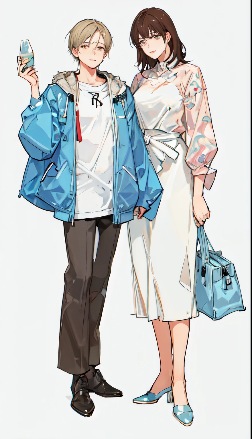 Anime - style illustration of a boyish woman and a feminine woman standing next to each other, masuter piece、