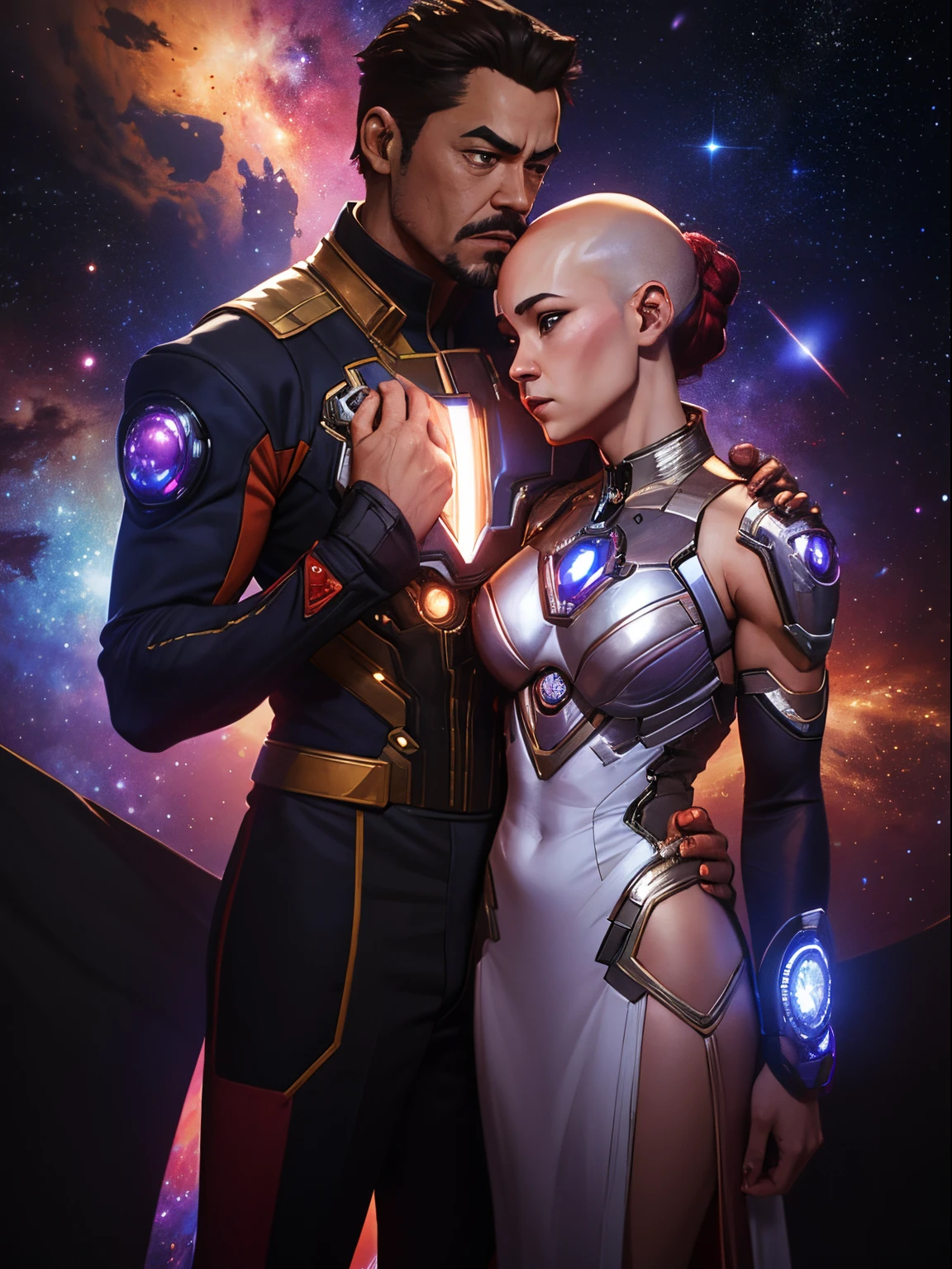 a man and woman standing next to each other in space, , tony stark and asian nymph bald goddess,, man and woman in love, galaxy colored, skin : tjalf sparnaay, the lovers, portrait of cyborg, stony, inspired by Kanō Takanobu