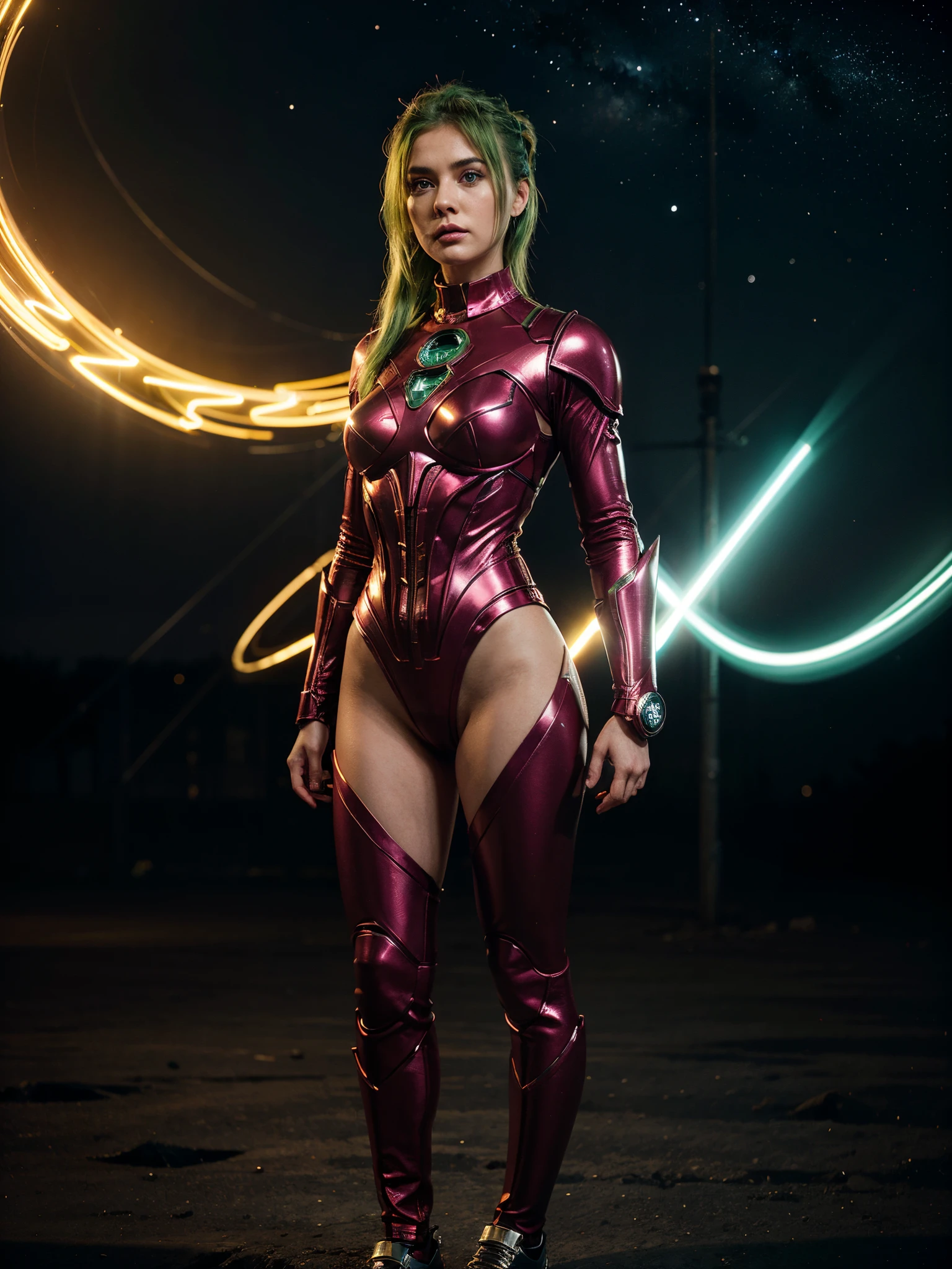 4k, realistic, carismatic, very detail, there is a girl on sky, wearing power ranger, she is power ranger, super hero theme, green hair, 25 years old, full body