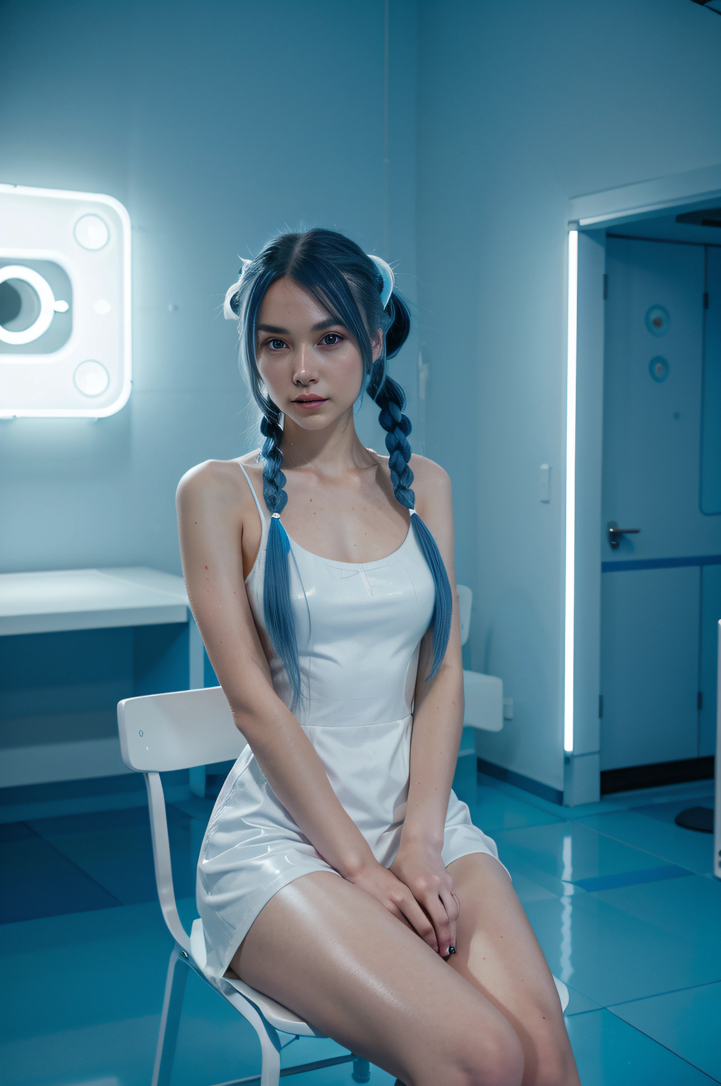 Girl with long blue hair, braided in two ponytails., well-proportioned, Beautiful figure, in a luminous white suit with blue accents sits on a chair in a room with a futuristic interior., night time, neon lights glow in the room, Futurism, ciberpunk, cinematic quality, Masterpiece, high-quality photo