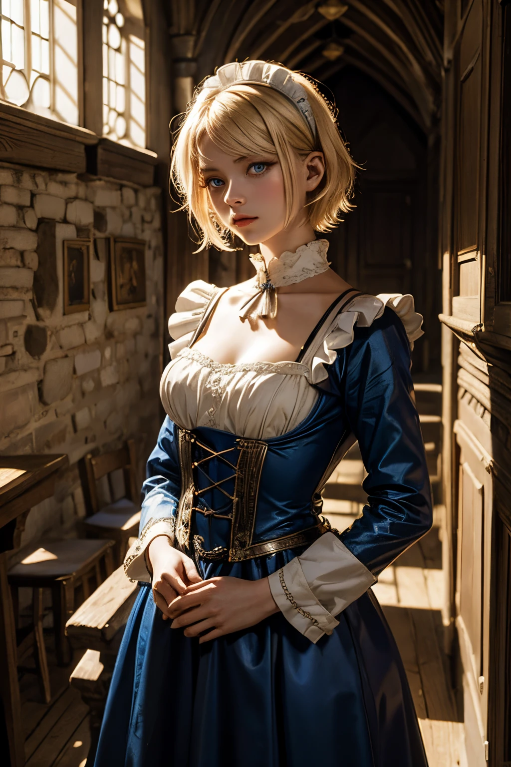 Marta Gromova (Ukrainian Model), short hair, blonde, beautiful blue eyes, medieval maid dress, shy pose, shy face, in a medieval room