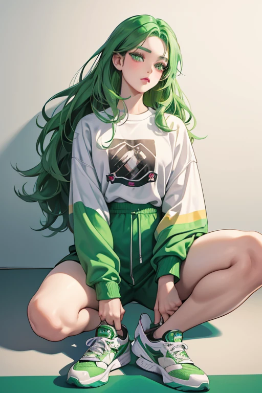Jade is a fair skinned age girl with a medium build. She has wavy, hip-length apple green hair parted to the side and turquoise doe-eyes. Her makeup typically consists of various shades of green eyeshadow combined with a chocolate-colored smoky eye, rosy blush, and taupe nude lipstick. Jade's second outfit consists of a baggy, soft green tracksuit with black accents and the phrase "Rainbow High" spelled out on the thighs. Under it, she wears a loose-fitting white T-shirt with "Rainbow" written on it in a bright green, cursive font on top of "RH" in bold, black letters. Her shoes are white sneakers wrapped in lime, spiked chains.