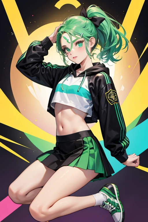 Jade is a fair skinned age girl with a medium build. She has wavy, hip-length apple green hair parted to the side and turquoise doe-eyes. Her makeup typically consists of various shades of green eyeshadow combined with a chocolate-colored smoky eye, rosy blush, and taupe nude lipstick. As a cheerleader, Jade's outfit consists of a long sleeved, white bolero hoodie covered in the word "RAINBOW" in stylized, black font. At the elbows, the design transition to black, green, and white chevron stripes. Under it, she wears a green crop top with a black band that repeats the word "RAINBOW" all around. She has a matching, asymmetrical skirt with a diagonal cut, a small slit over the left leg, and black leather trim. There's a black "RH" logo on the bottom right side of the skirt and the word "RAINBOW" in black text written diagonally across the skirt's right slit. Under the skirt, she wears knee-length fishnet leggings. Her hair is pulled back into a high ponytail, adorned with a black leather bow, and parted by four silver hairpins in the middle. As the only girl on the cheer squad to be wearing flats, her shoes are chunky, green athletic sneakers with black accents and bright blue laces. On her cheeks are two stripes of black face paint. Over the stripes are white text with a translucent green glitter outline. One cheek reads "GO TEAM" and the other "RAINBOW".