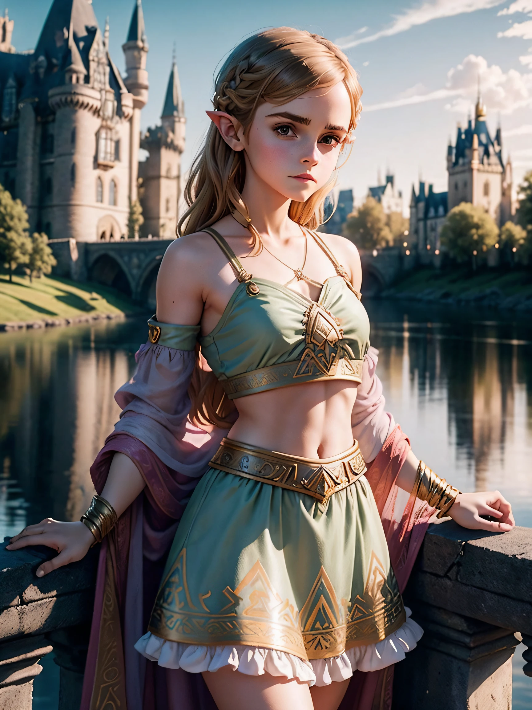 emma watson dressed princess zelda. intricate short dress, crop top. Castle. Night. background river. --s 1000
