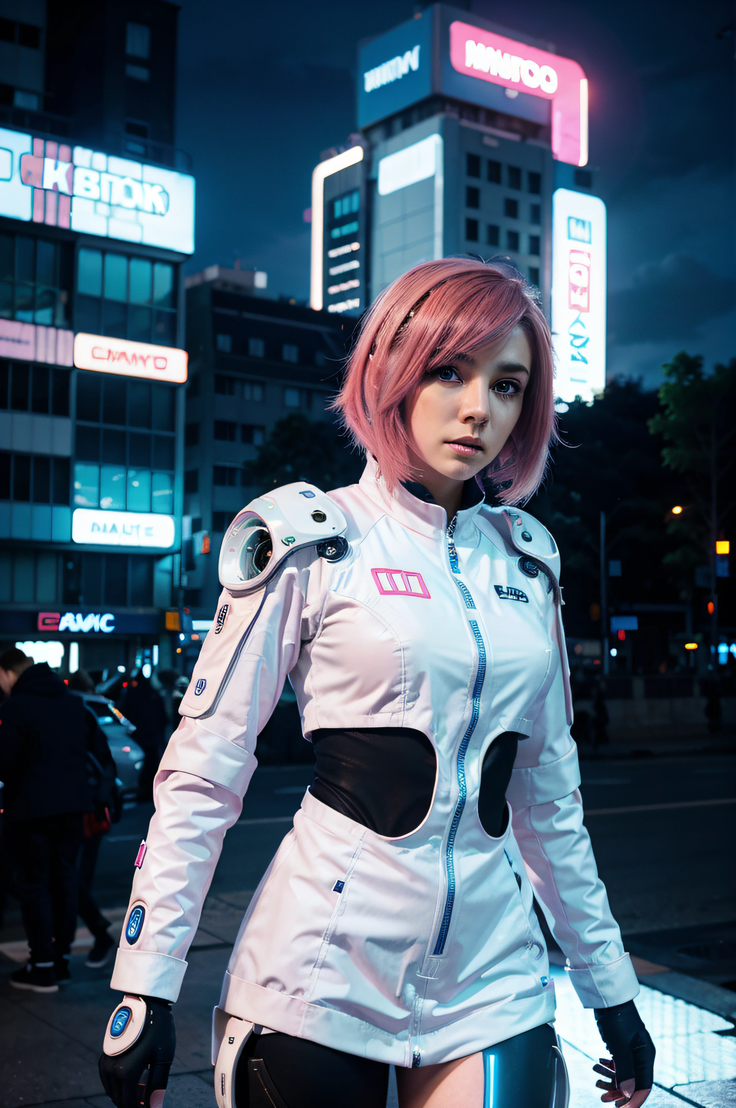 Beautiful biorobot girl, pink hair, Futurism, ciberpunk, in a luminous white suit with blue accents, in the city against the backdrop of a futuristic landscape, night time, neon lights, cinematic quality, Masterpiece, high-quality photo