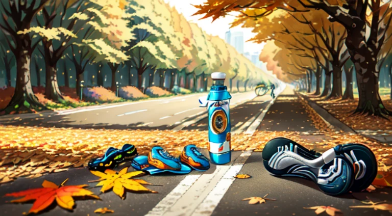 (bicycle shoe:1.5), (Realistic Bike: 1.5), (Realistic Cyclist: 1.5), Plan and general plan, The best of the best, autumn, Orange leaves, Nature, Landscape background, eye shadow, contrast, makoto sinkai (beste-Qualit:1.3), (hight resolution:1) Art Studio Ghibli Style, impressionism, bright colours