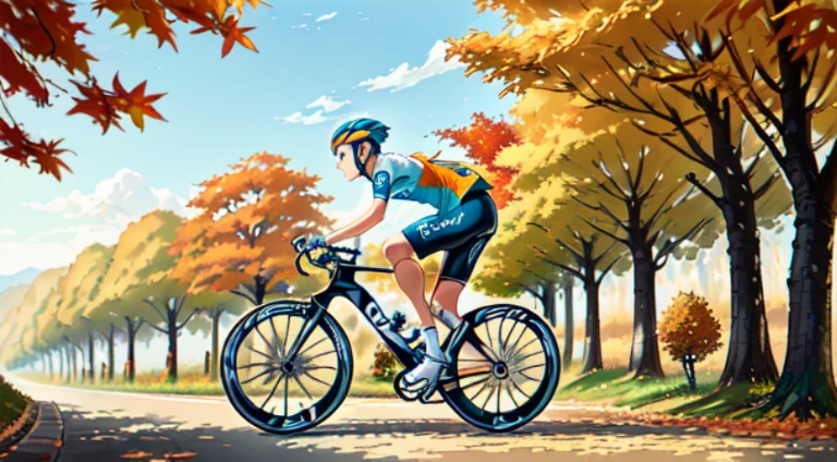 (bicycle shoe:1.5), (Realistic Bike: 1.5), (Realistic Cyclist: 1.5), Plan and general plan, The best of the best, autumn, Orange leaves, Nature, Landscape background, eye shadow, contrast, makoto sinkai (beste-Qualit:1.3), (hight resolution:1) Art Studio Ghibli Style, impressionism, bright colours