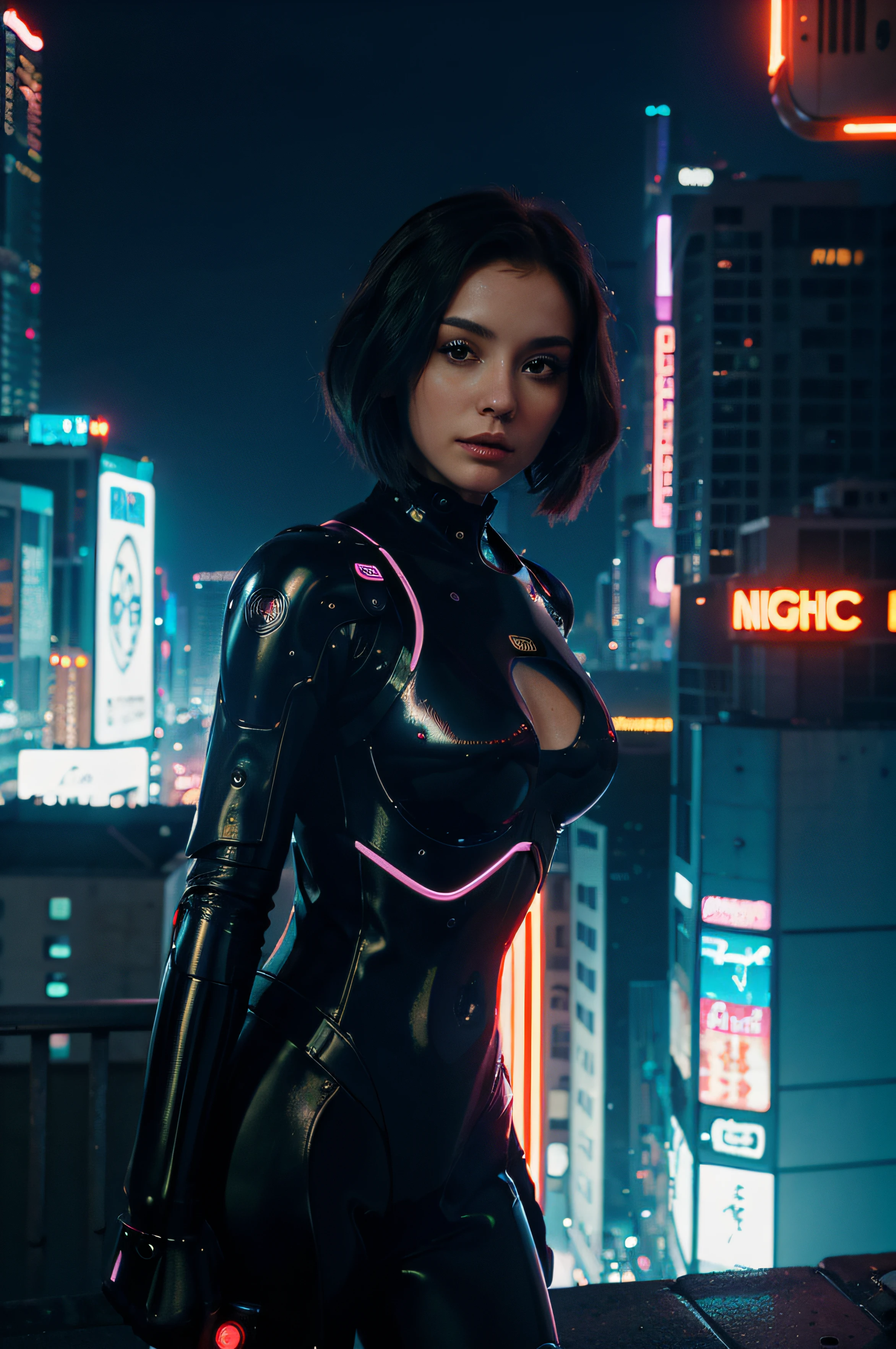 Beautiful biorobot girl, Futurism, ciberpunk, in the city against the backdrop of a futuristic landscape, night time, neon lights, cinematic quality, Masterpiece, high-quality photo