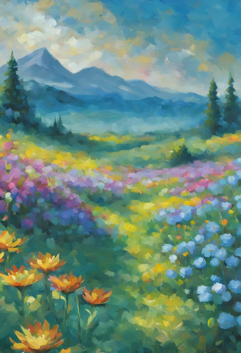 oil painting, set of rough oil photoshop brushes, well lit interior, in a bright field of wildflowers, Bright colors