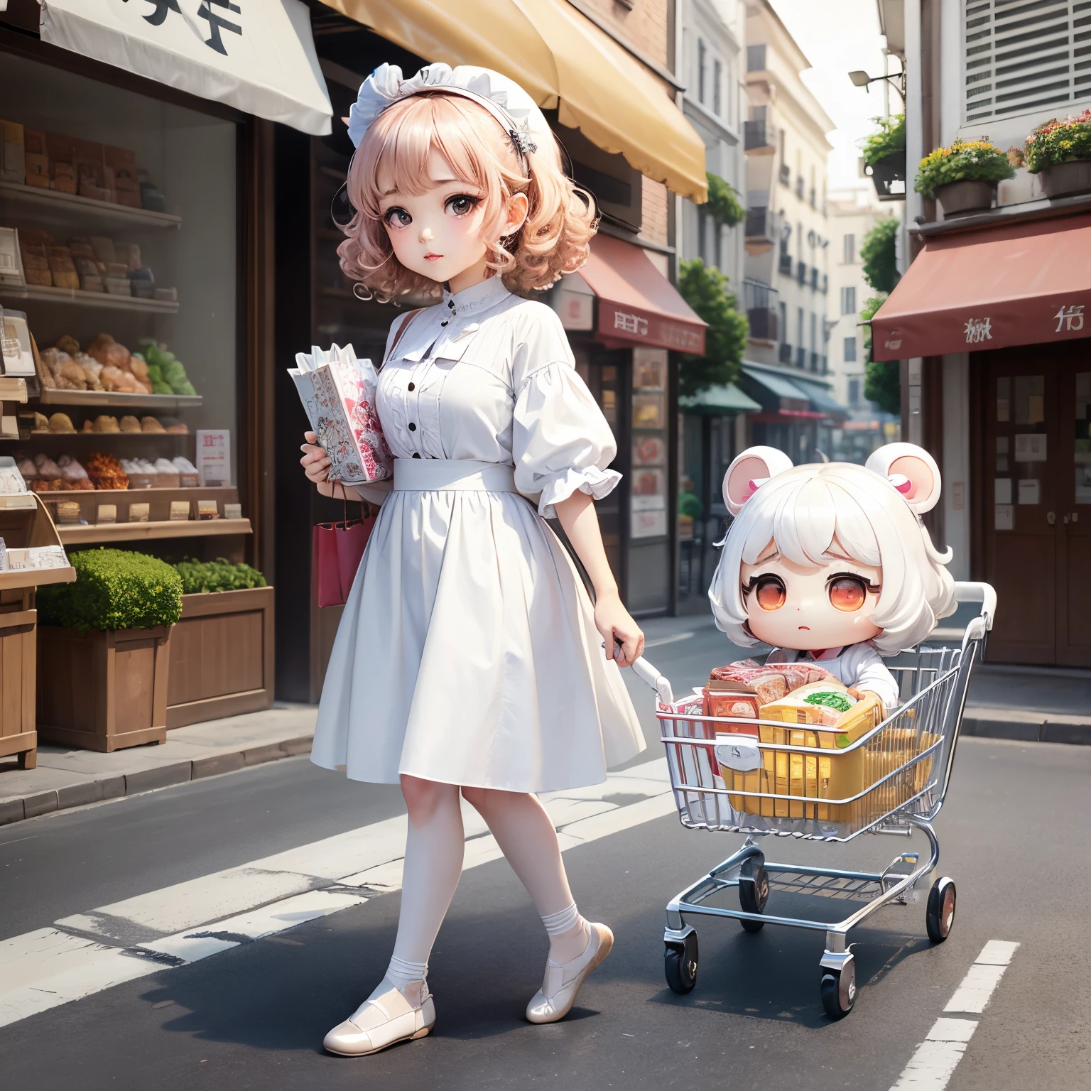 ​masterpiece、top-quality、ultra-detailliert、(Chibi character mother:1.2)、Curling perm、(White Kappogi:1.3)、carry a shopping cart full of food、wear brown ballet shoes、The background is a shopping street、