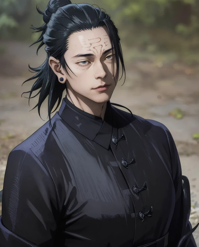 ((Masterpiece, Best Quality)), (1boyle), (独奏), (male focus), Geto\(jujutsu kaisen\),(Very detailed face, Real image, Realistic skin, realistic body, intricate details), upper-body, Focus on the face, dark eyes, , black hair, Hair tied up, Long Sleeve Shirt, black pant