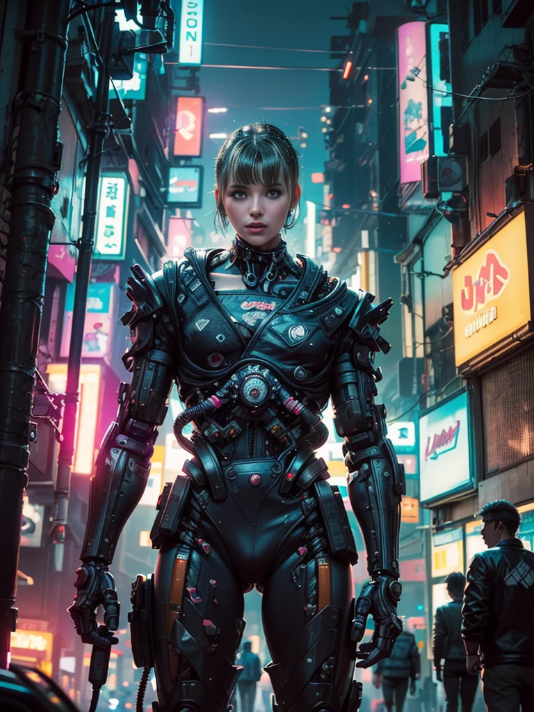 ((Masterpiece stunning Anime illustration)), ((beautiful cybernetic Cyberpunk girl)), ((highly detailed face)), ((mechanical limb, mechanical vertebrae attached to back)), ((mechanical cervical attaching to neck)), (wires and cables attaching to neck:1.2), ((mass of wires and cables on head)), ((wearing colorful Harajuku tech jacket with logo)), (dynamic pose), ((cowboy shot)), (masterpiece), (((best quality))), ((ultra-detailed)), (highly detailed illustration), cinematic lighting, science fiction, extremely detailed,colorful,highest detail, (((cyberpunk city background, (Blade Runner), Harajuku district))), ((NSFW))