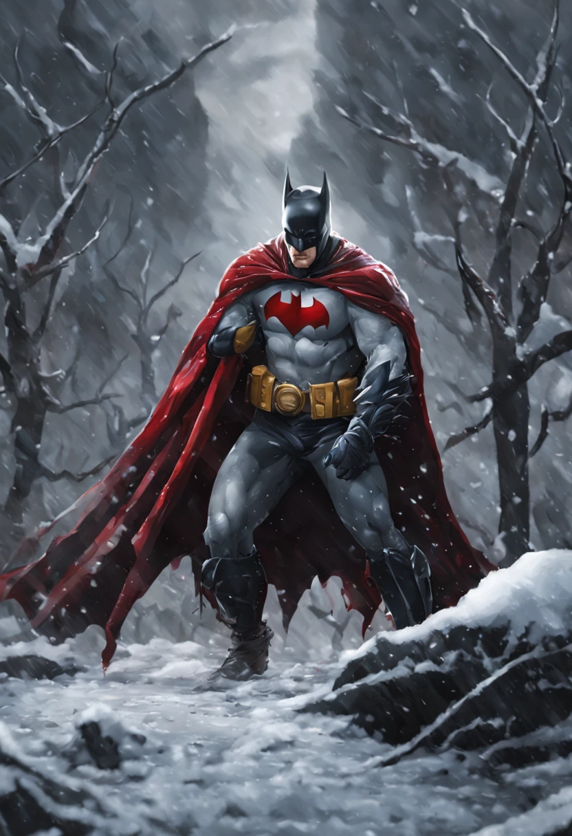 Batman no gelo em gotham city, neve, vapor, gotas de sangue na neve, hands with blood, arvores geladas, campo de gelo, heart with blood on hands.