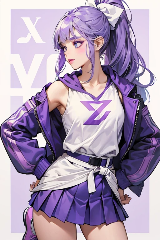 Violet is a fair-skinned teenager with a medium build. She has lavender, hip-length hair partially pulled up into a high ponytail decorated with streaks of silver and periwinkle. Her large, blue eyes are framed by her blunt fringe. Her makeup typically consists of shimmery purple eyeshadow, contour emphasizing her natural cheekbones, and nude lipstick. Violet's cheer uniform consists of a lavender and white tank top with black stripes and the number "34" and a jacket-like white iridescent hoodie. and for her skirt she wears a lavender skirt with purple knots and a white belt-like stripe on the top of the skirt with the word "RAINBOW" on it. for her footwear she wears ankle-high tube socks, lavender and white athletic sneakers with a stiletto heel. her hair is tied into a straight ponytail and her bangs are pulled back. she also wears a lavender and white bow with the word "RH" on it. her makeup consists of purple eyeshadow and eyeliner, and face paint that consists of "R" at the left and "H" at the right of her cheeks and bright pink lipstick.