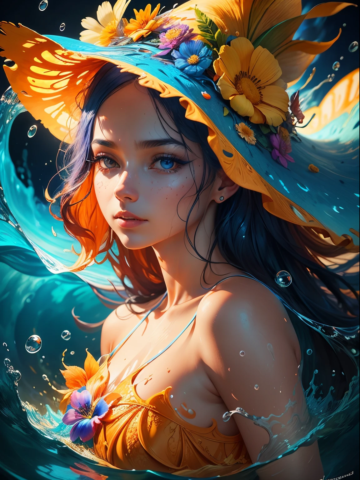 Portrait of young woman with flower hat, maquiagem, Liquid splash explosion, laranja, azul, altamente detalhado, fundo fantasia, 插圖, foco nítido, lighting dramatic, trending in the artstation, cinemactic, 8k, arte conceitual, elegante, reflexions