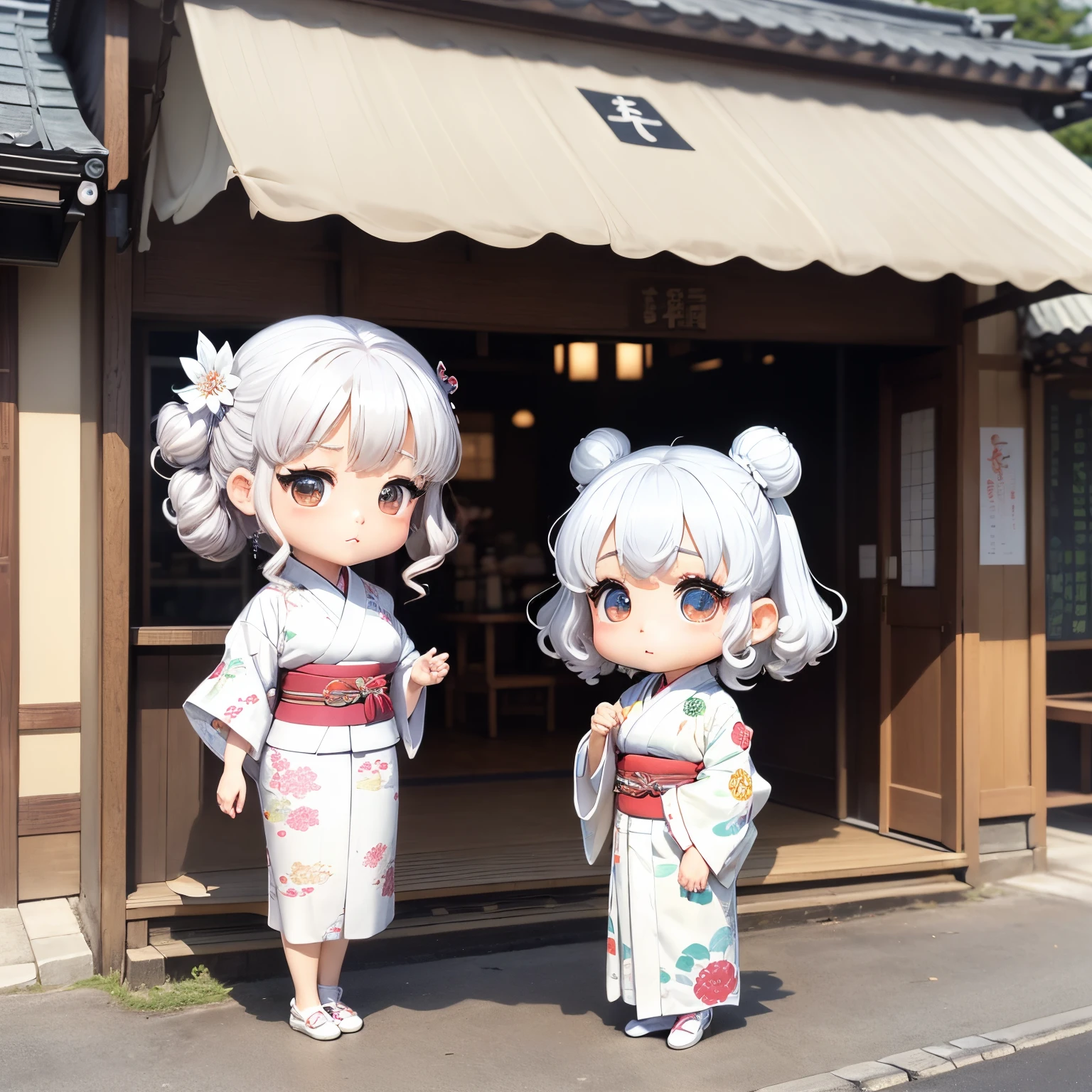 ​masterpiece、top-quality、ultra-detailliert、(Chibi character middle-aged woman:1.2)、Curling perm、(White kappo kimono:1.3)、食べ物がいっぱい入った🧺を運ぶ、Please wear brown ballet shoes、The background is a shopping street、