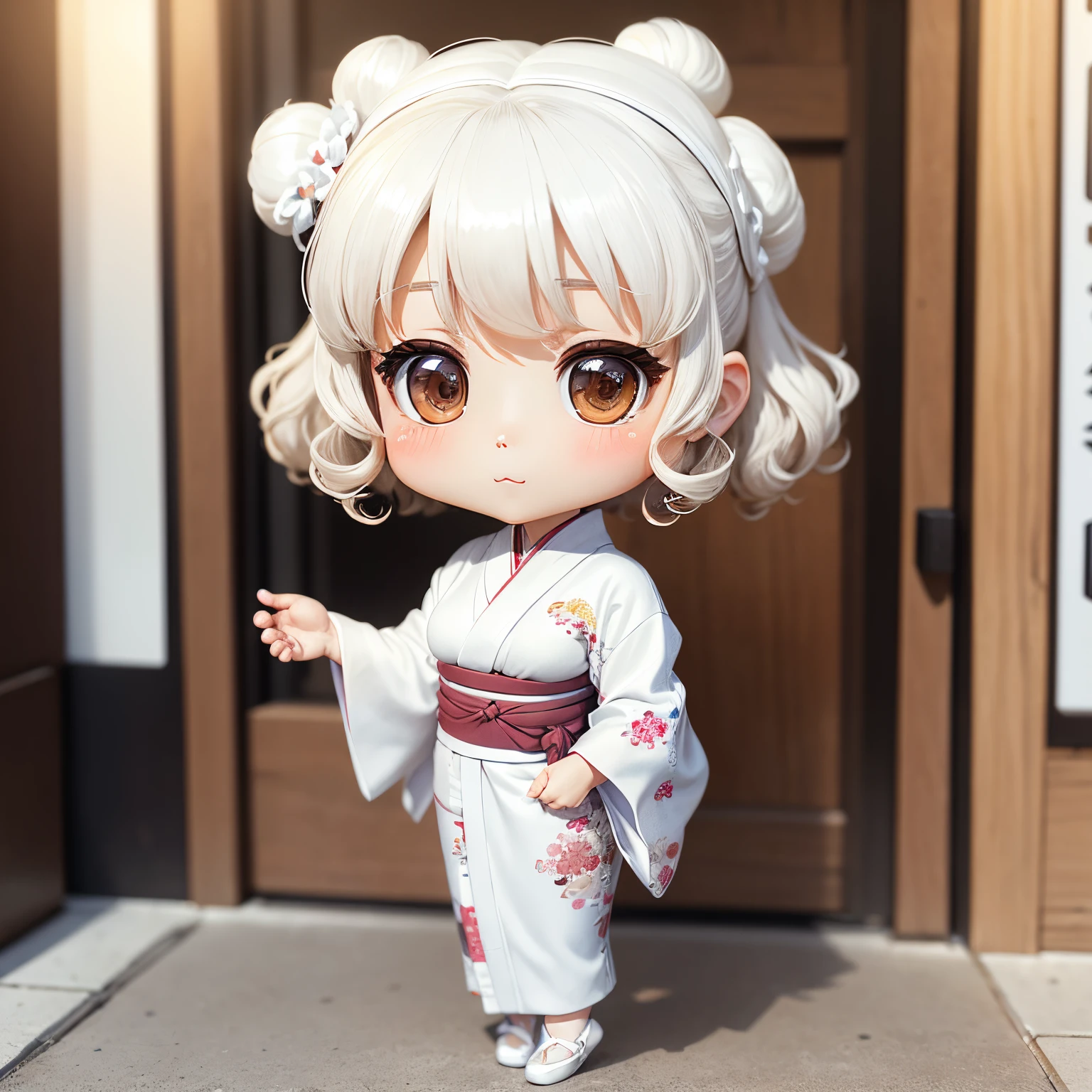 masterpiece、top-quality、ultra-detailliert、(Chibi character middle-aged woman:1.2)、Curling perm、(White kappo kimono:1.3)、食べ物がいっぱい入った🧺を運ぶ、Please wear brown ballet shoes、The background is a shopping street、