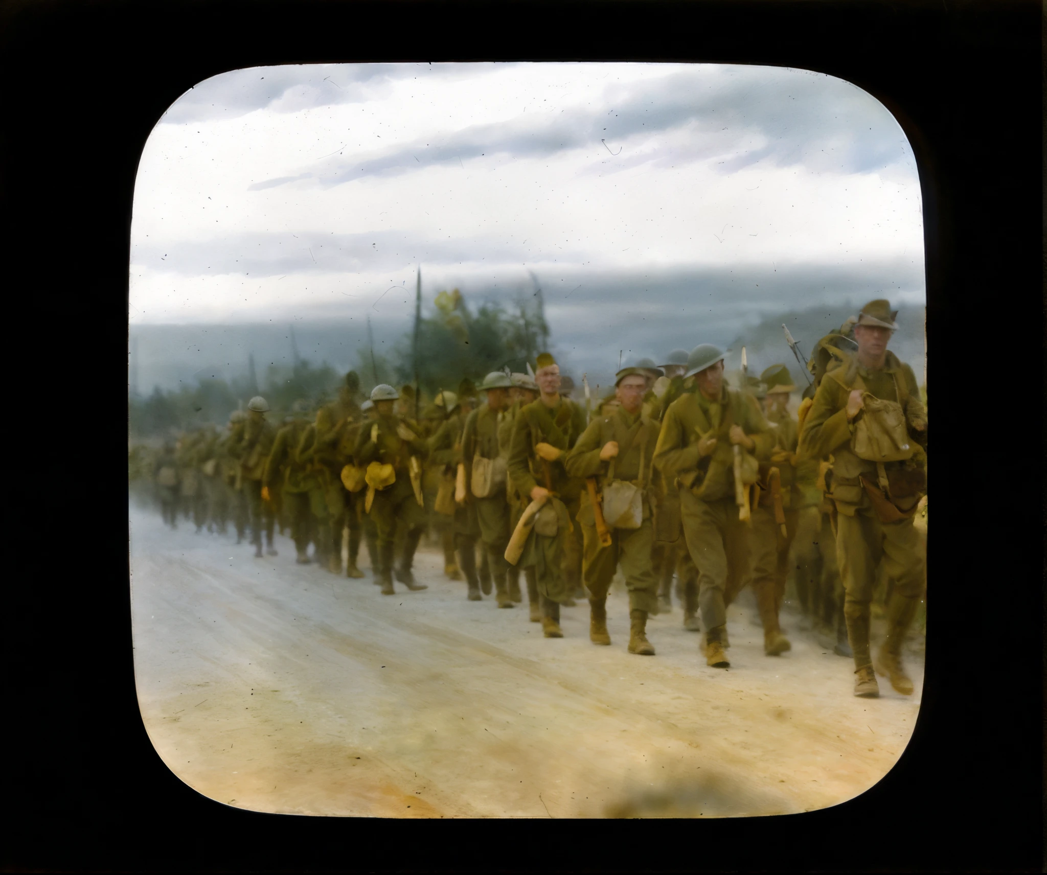 soldiers marching down a dirt road with a sky background, ww1 film photo, taken on a ww 1 camera, soldiers charging in, soldiers running, colourised, ww1 photo, colourized, autochrome, 4 k photo autochrome, soldiers, autochrome photograph, several soldiers, 1914, 1 9 1 4, wounded soldiers