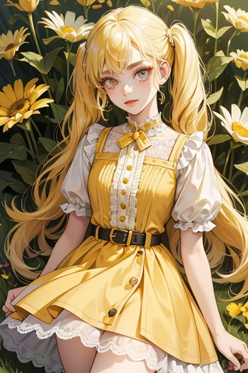 Delilah is a teenage girl with a medium build and pale albino skin with freckles. She has white eyelashes and eyes with rainbow highlights. She has long buttercup yellow hair tied into half-up and half-down pigtails. For makeup, she wears buttercup yellow eyeshadow and bright red lipstick, and her eyebrows are colored light brown. For her first outfit, she wears a light buttercup colored short dress with short sleeves and golden buttons. The dress has multiple pockets with a matching belt with a golden belt loop, and the skirt of the dress has lace. For her shoes, she wears white and gold heeled cowboy boots with lacy white socks. She accessorizes with daisy hair clips and a daisy bracelet with buttercup centers.