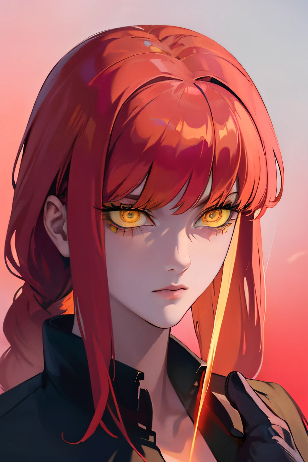 (masterpiece, best illumination, neon yellow eyeakima, red hair, black background, serious face, yellow eyes, high resolution, beautiful, glowing eyes.