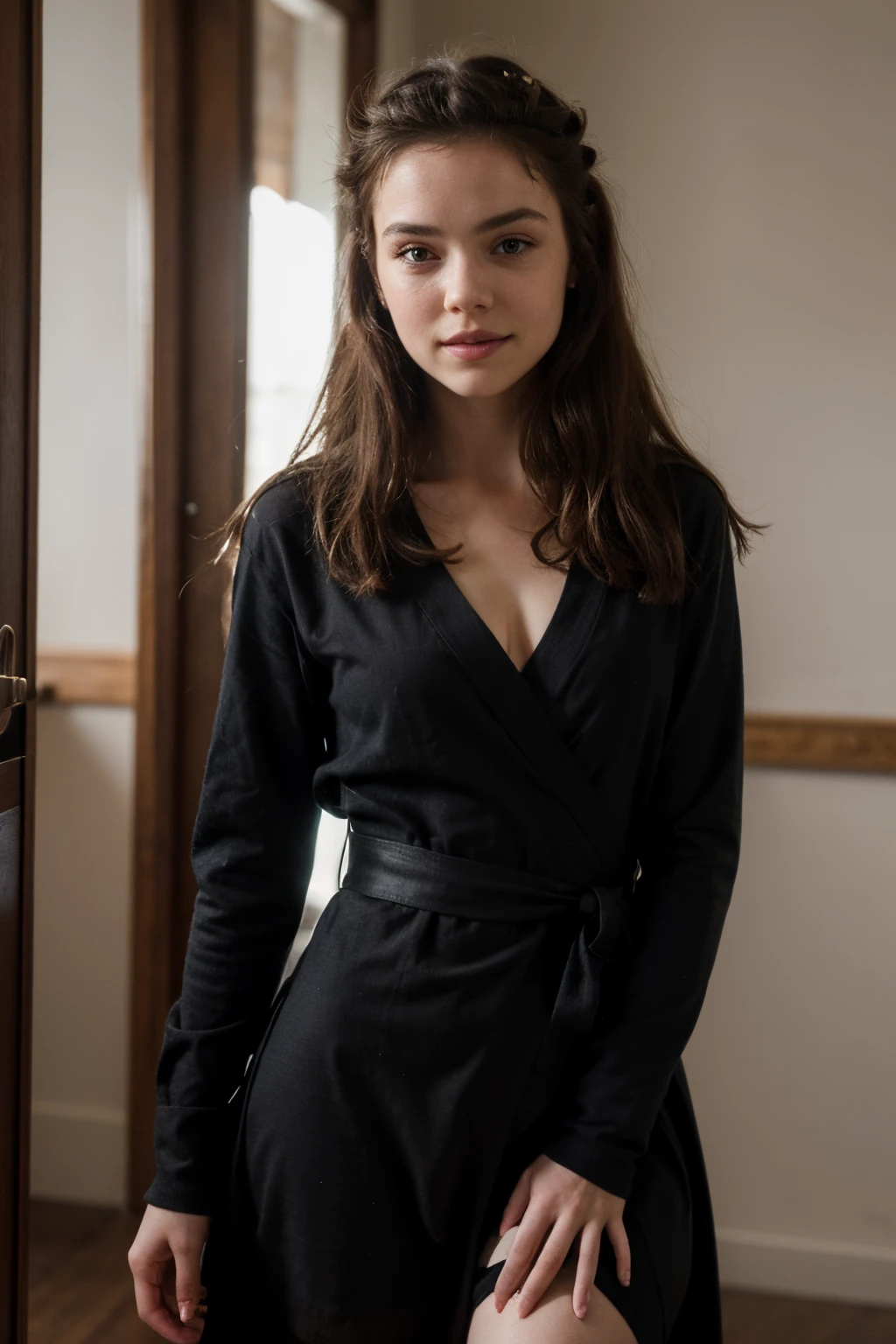 A French girl from 18 years old, photo pour son Instagram natural habillée en oldmoney with a black robe