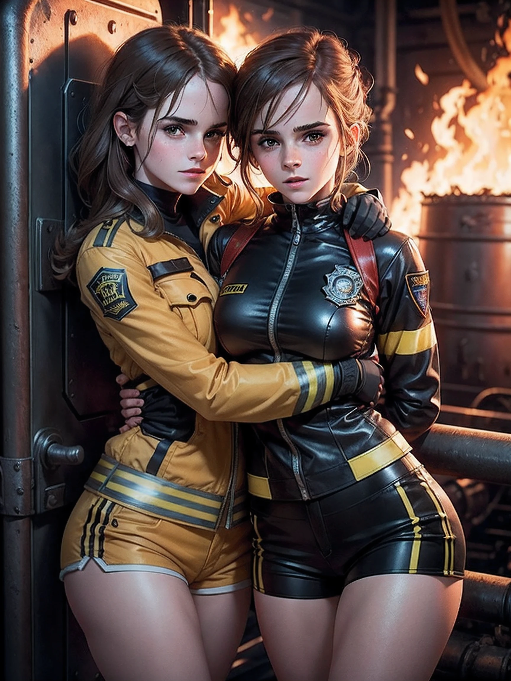 emma watson as two sexy firefighter girls sitting on a fence. tight intricate uniform. brown shorts. slender body. hugging each other. open legs. inside dark metal factory. dark background, furnace. goggles.