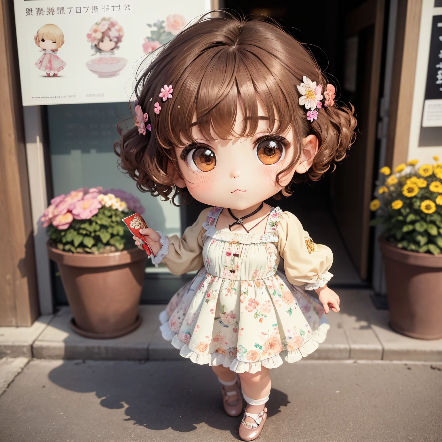 ​masterpiece、top-quality、ultra-detailliert、(Chibi character middle-aged woman:1.2)、Curling perm、(floral cut and sew:1.3)、食べ物がいっぱい入った🧺を運ぶ、Please wear brown ballet shoes、The background is a shopping street、